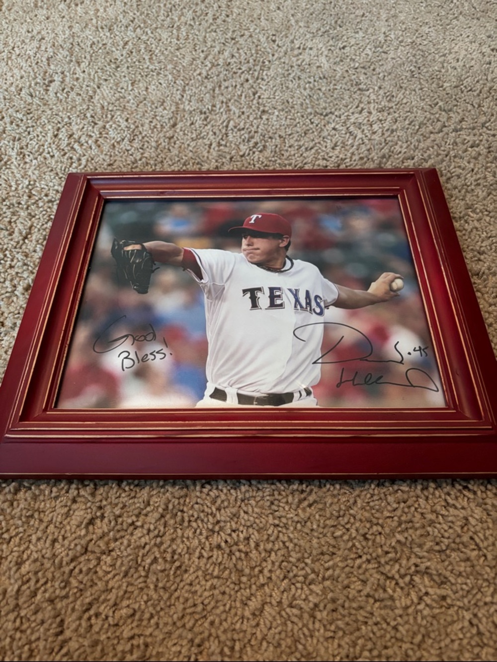 Signed Derek Holland Sports Photo in Red Decorative Frame